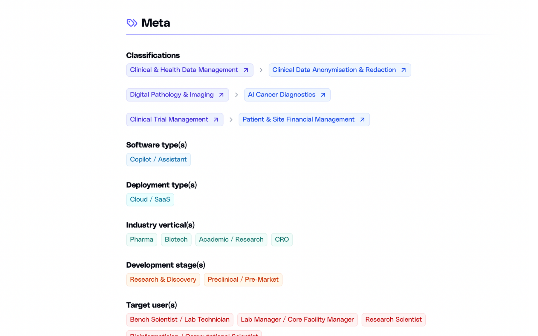 Software classified under three domains, and a company shown in search results
